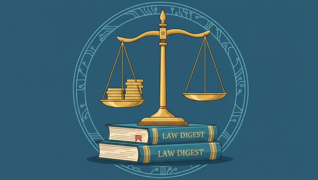 Professional illustration of the scales of justice resting on legal books with gold coins, featuring a blue digital circuit background.