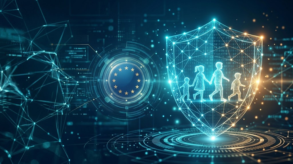 A glowing digital shield containing child silhouettes next to the EU emblem, representing child safety and digital regulation under the KIDS Act.