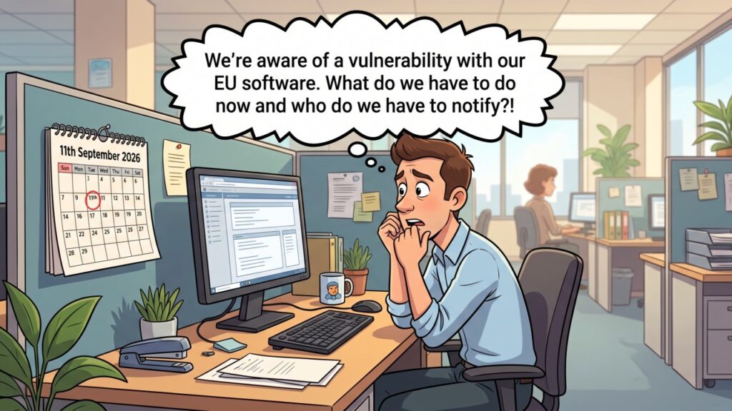 Cartoon of a stressed office worker sitting at a computer desk biting his nails, thinking: "We're aware of a vulnerability with our EU software. What do we have to do now and who do we have to notify?!" Next to him is a calendar marked "11th September 2026."